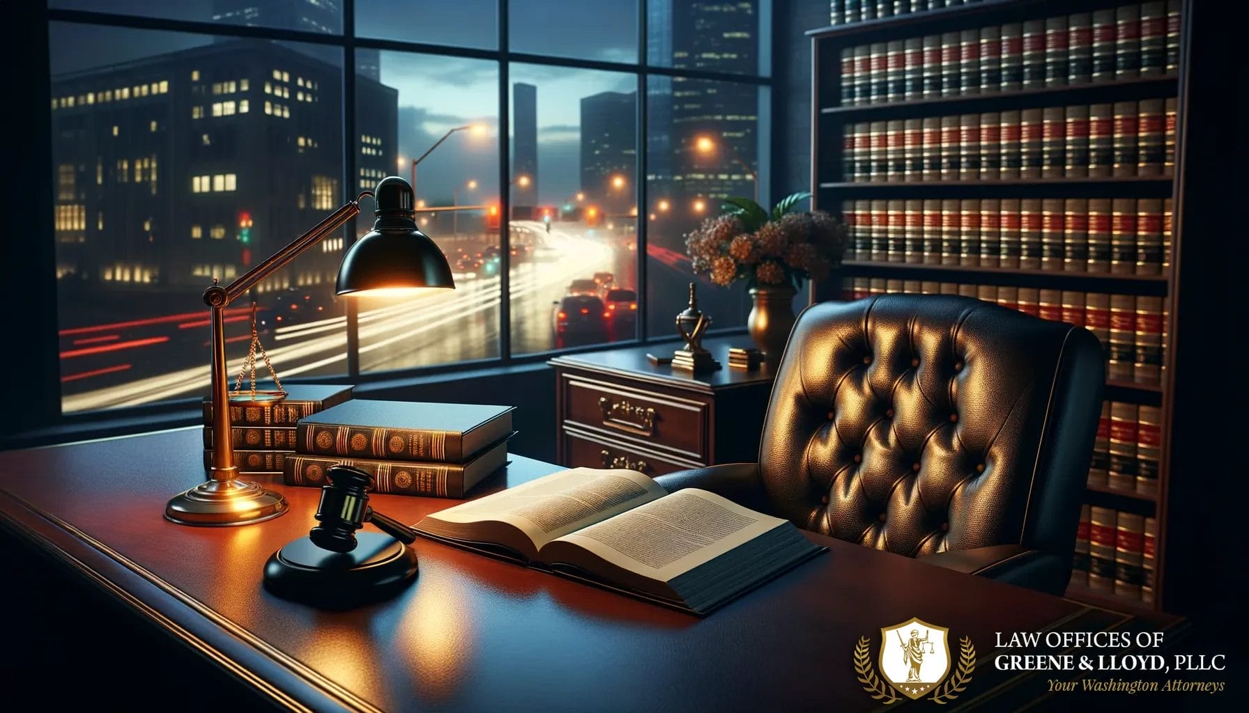 a desk with a gavel and books on it